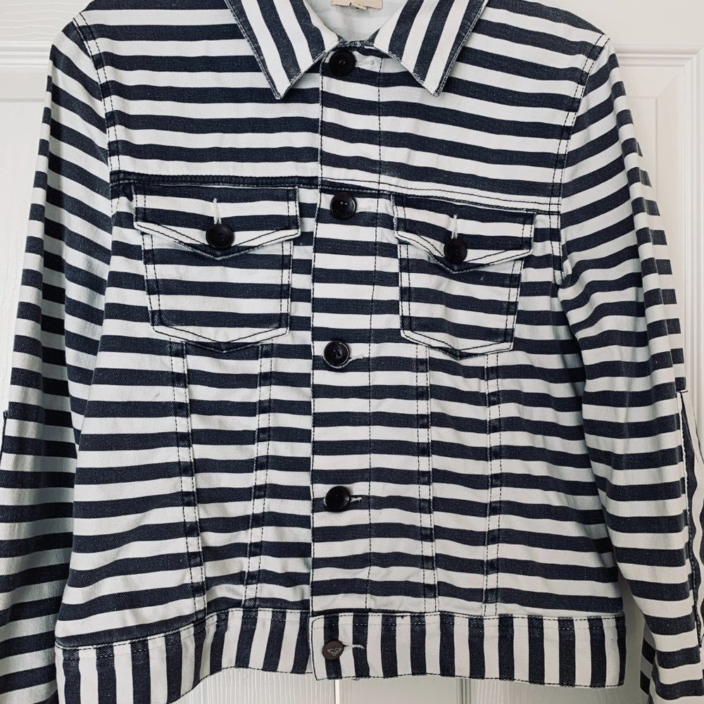 ROXY DENIM Striped Jean Jacket w Small  Leather Logo Patch S